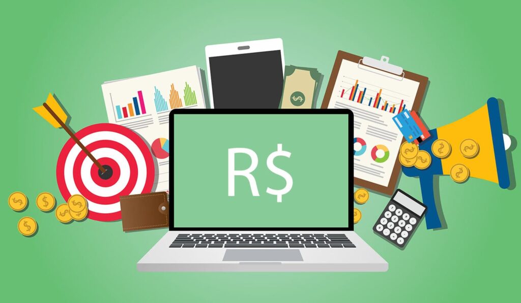 Ilustração de um notebook com um R$ na tela. Simbolizando o orçamento de marketing digital.