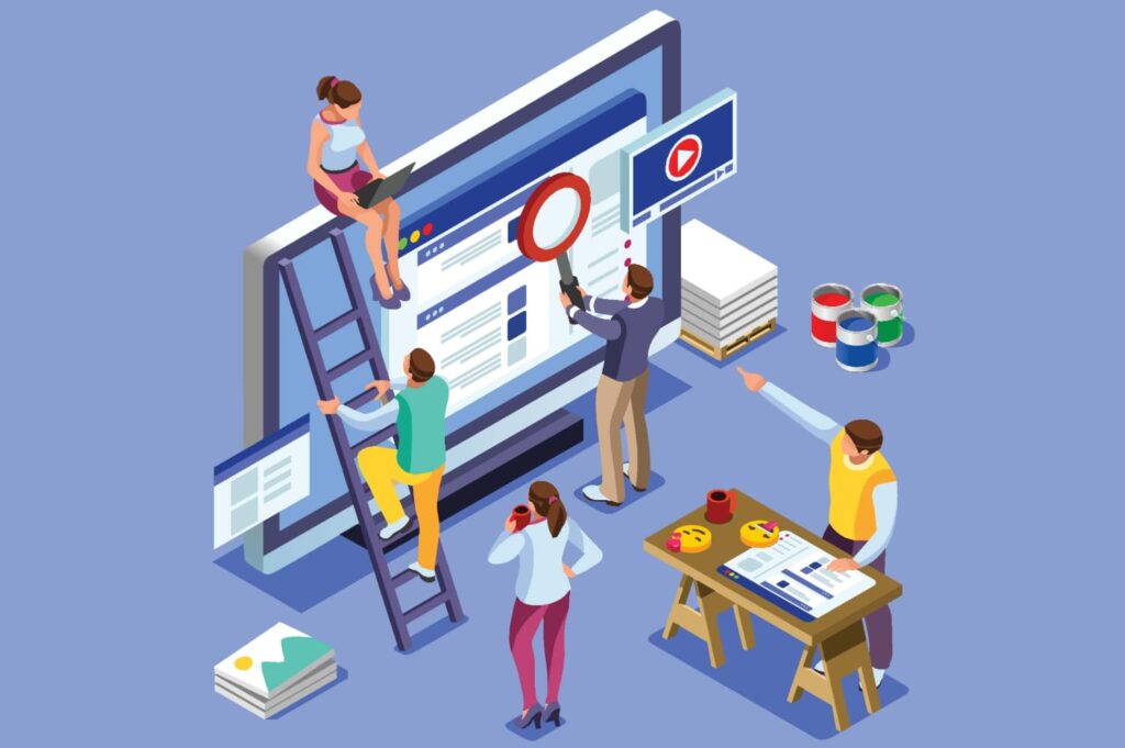 Ilustração de um grupo de pessoas otimizando o SEO de um site.