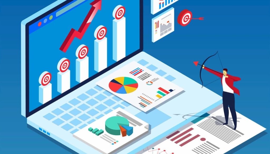 Ilustração de uma pessoa atirando uma flecha do alvo. Simbolizando o marketing digital de performance.