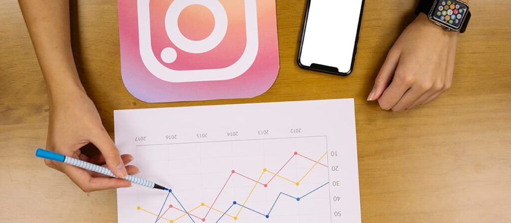 Uma pessoa usando uma mesa com celular, gráfico e uma placa do instagram.