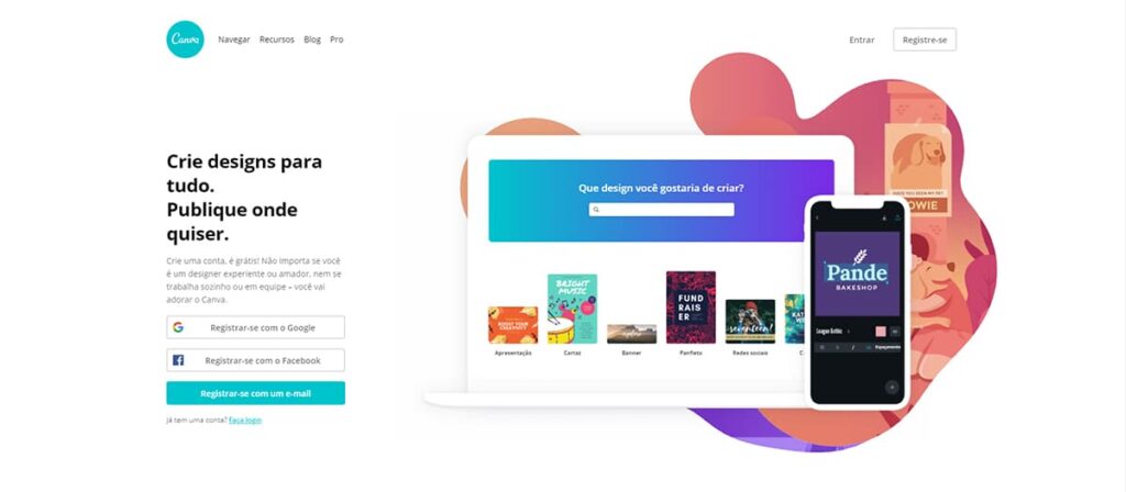 Página principal do site Canva.