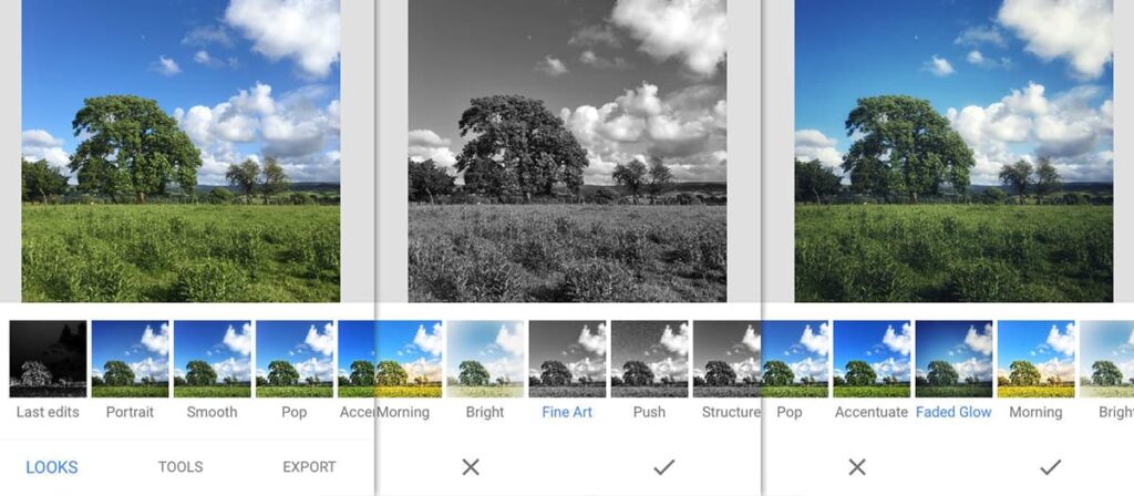 Imagem de três modos de edições do Snapseed.