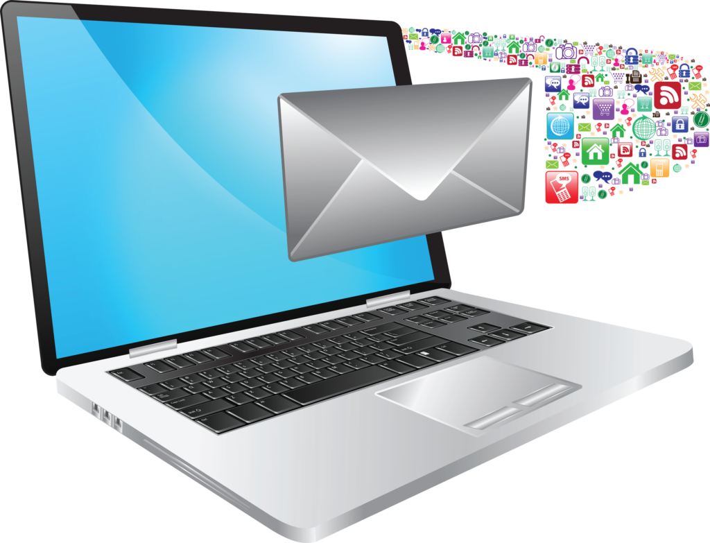 Notebook com e-mail saindo da tela e diversos desenhos de redes sociais.